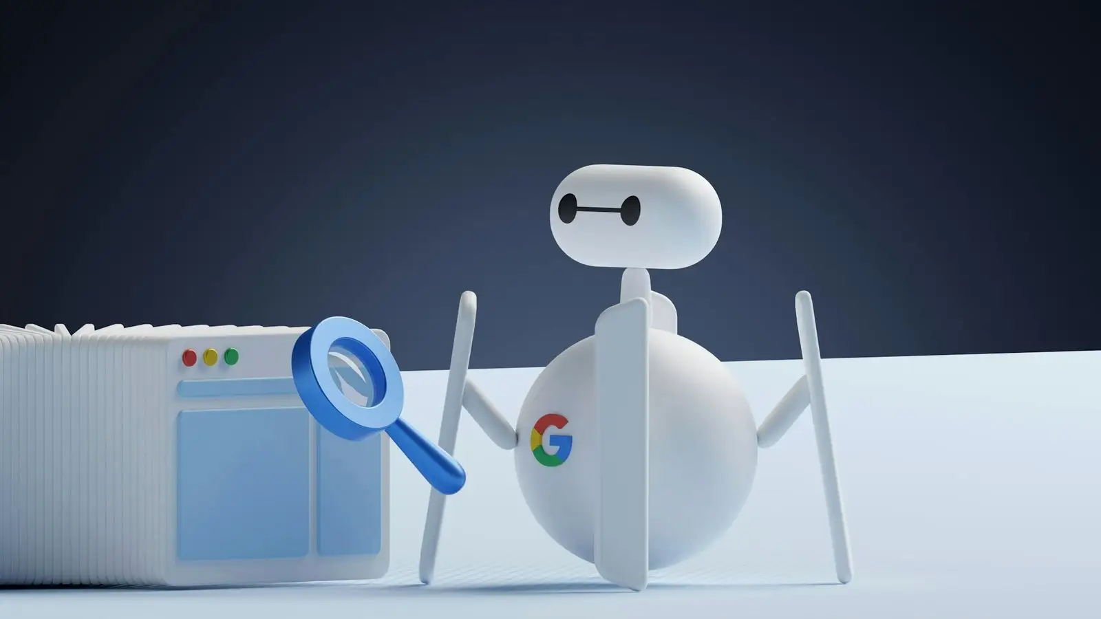 Robot z lupą przy logo Google, ilustracja 3D