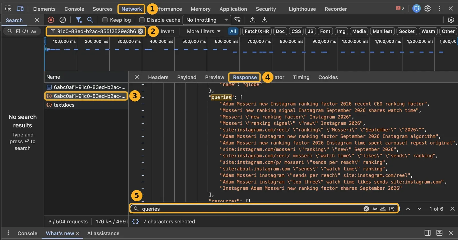Narzędzia dla programistów w Chrome z pięcioma ponumerowanymi miejscami: karta Network, pole filtra, zapis rozmowy, karta Response i wyszukiwanie słowa queries