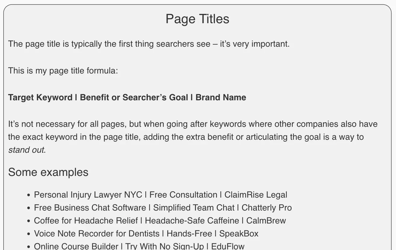 Lekcja o tytułach stron w kursie Compact Keywords z formułą Target Keyword, Benefit or Searcher’s Goal, Brand Name