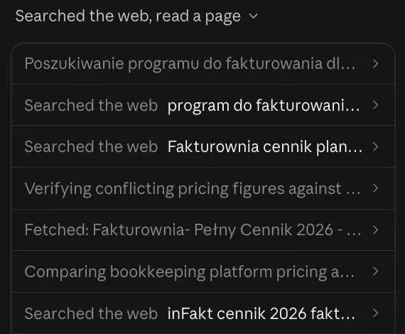 Lista kroków w Claudzie: wiersze Searched the web z zapytaniami o cenniki programów do fakturowania