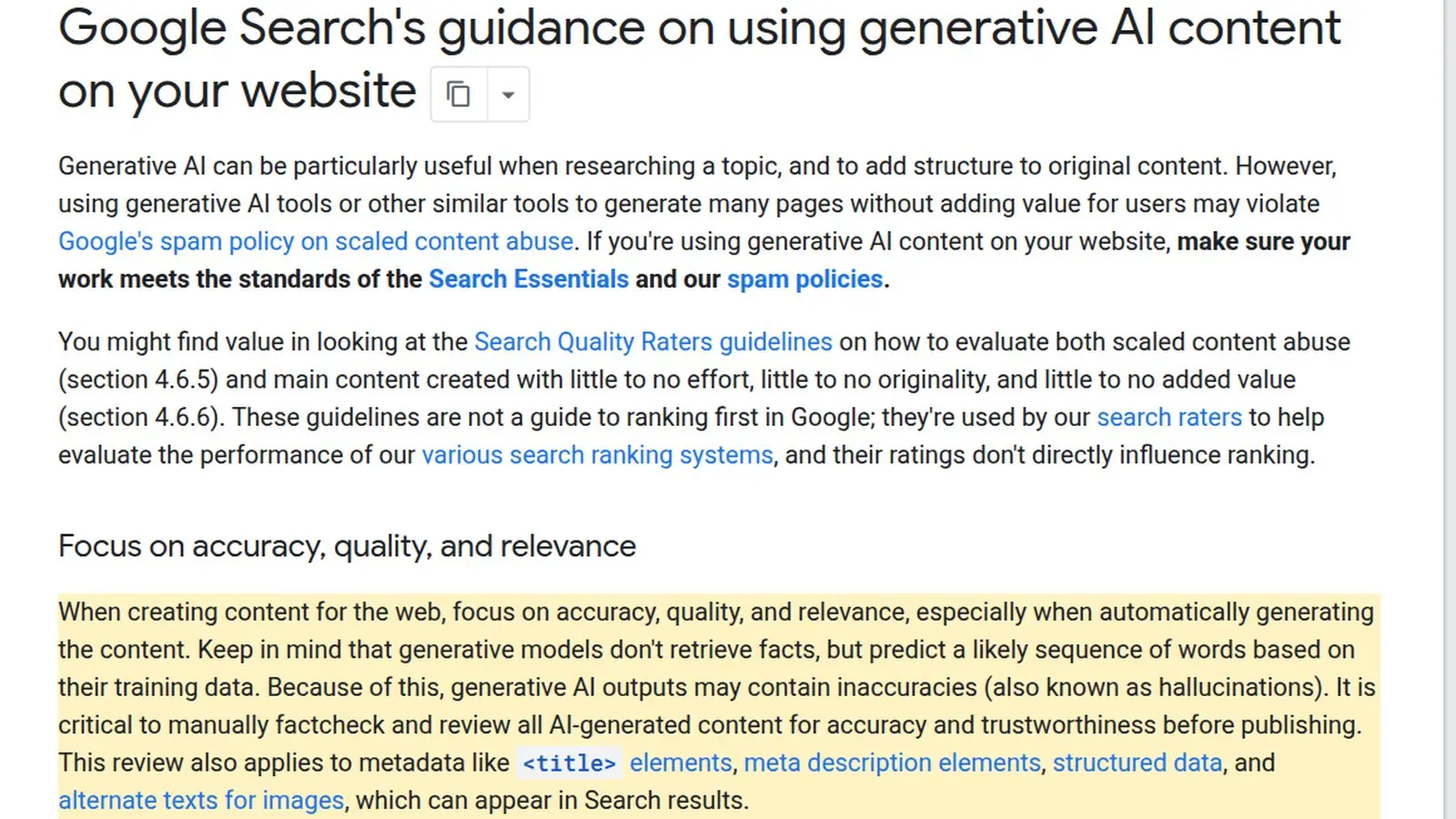 Dokumentacja Google o treściach z generatywnej AI z zaznaczonym zdaniem, że wszystkie treści AI trzeba ręcznie sprawdzić przed publikacją