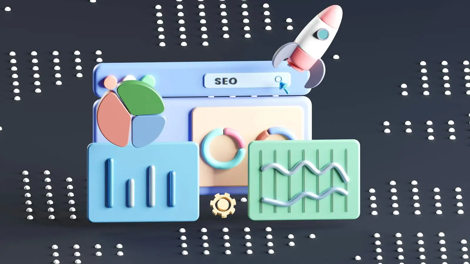Ilustracja 3D okna przeglądarki z napisem SEO, wykresami i rakietą