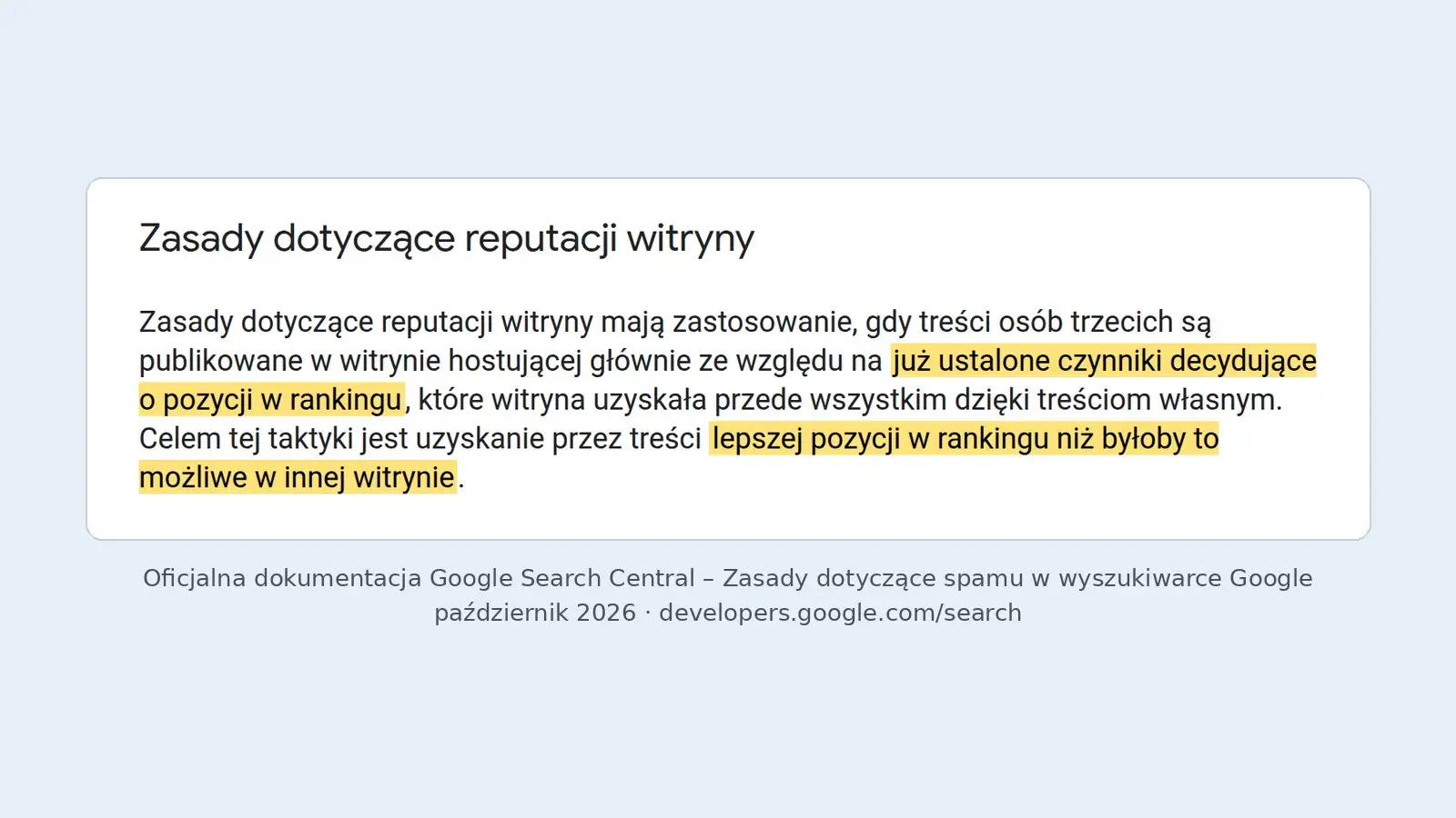 Fragment zasad Google dotyczących spamu, sekcja o reputacji witryny, z zaznaczonymi słowami o już ustalonych czynnikach decydujących o pozycji i o lepszej pozycji niż w innej witrynie