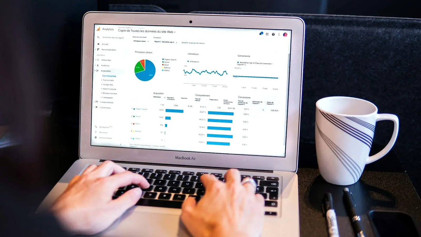 Osoba pracuje na laptopie z otwartym panelem analitycznym