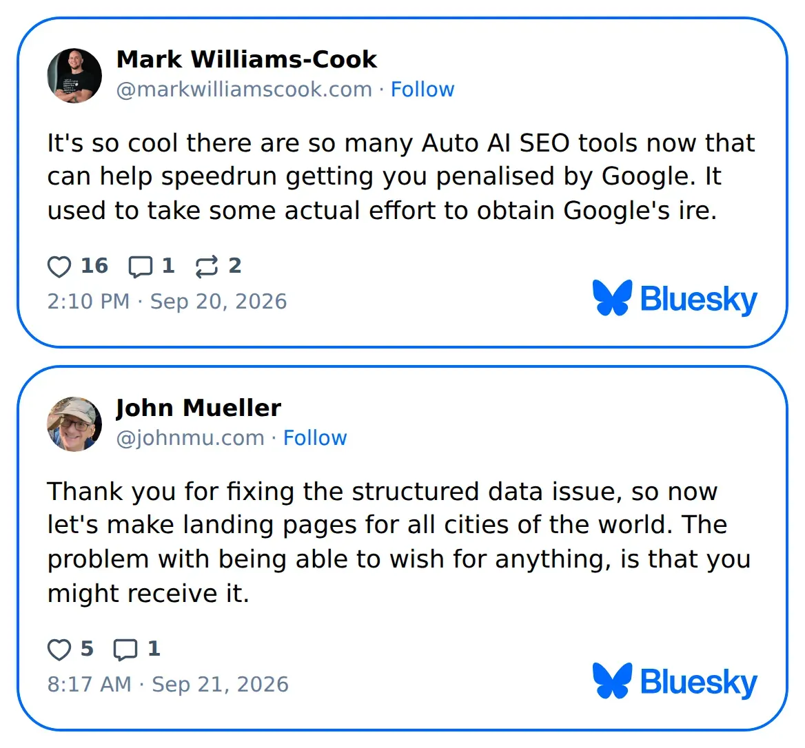 Wpis Marka Williamsa-Cooka o narzędziach AI do SEO i żartobliwa odpowiedź Johna Muellera o stronach dla wszystkich miast świata