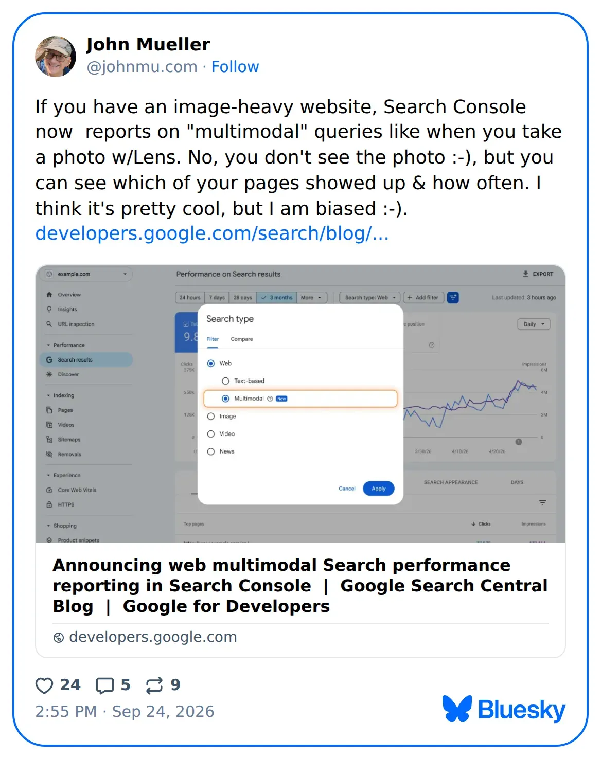 Wpis Johna Muellera o nowym filtrze wyszukiwania multimodalnego w Search Console