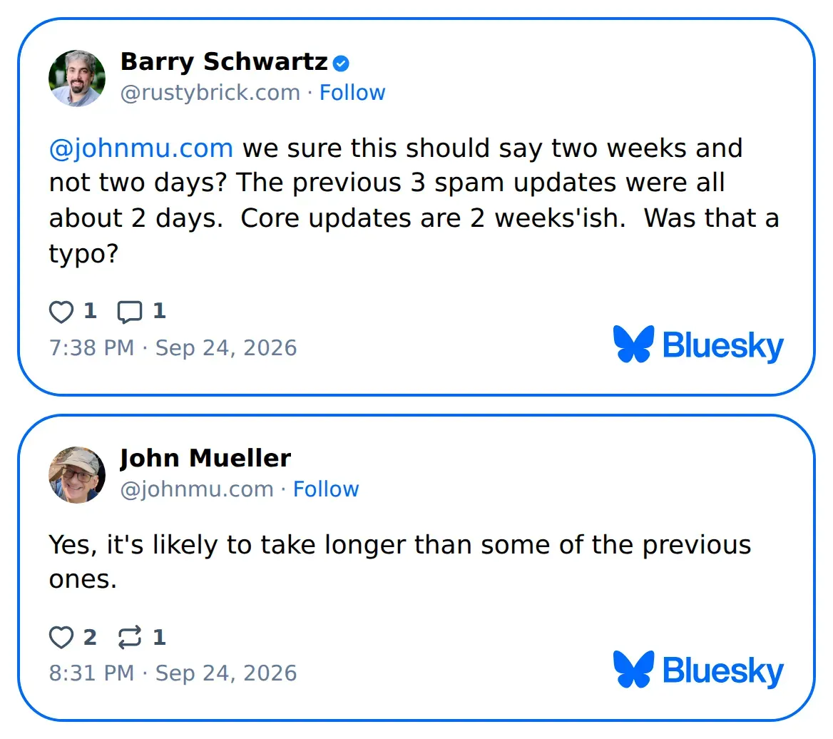 Pytanie Barry’ego Schwartza i odpowiedź Johna Muellera o długości wdrażania September 2026 spam update na Bluesky