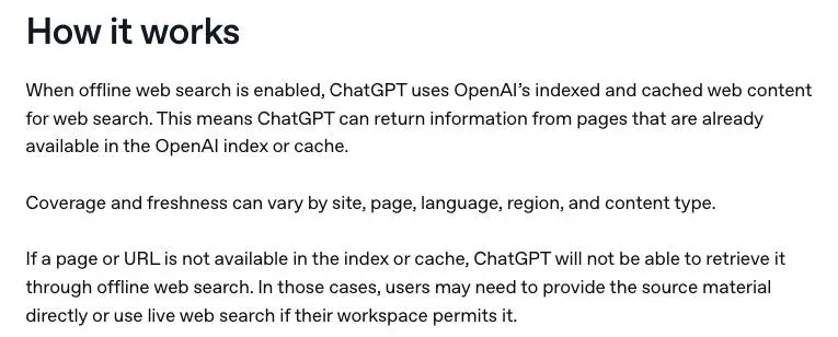 Fragment pomocy OpenAI o wyszukiwaniu offline: ChatGPT korzysta z indeksowanej i zbuforowanej treści OpenAI