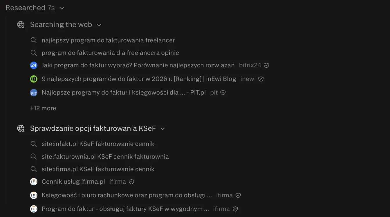 Rozwinięte kroki w Perplexity: zapytania z ikoną lupy, w tym trzy z operatorem site: na stronach programów do fakturowania