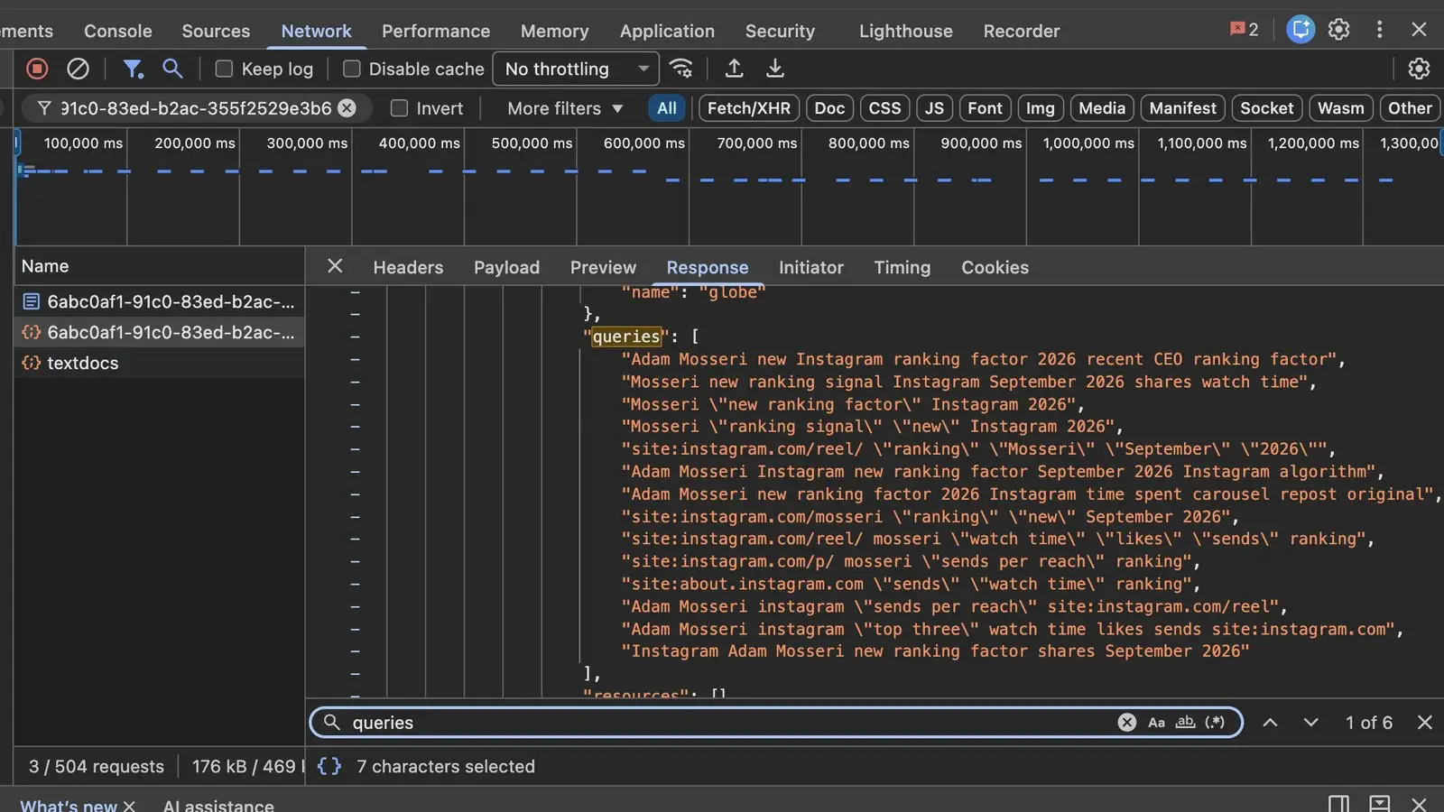 Narzędzia dla programistów w Chrome: karta Network z listą zapytań ChatGPT pod kluczem queries
