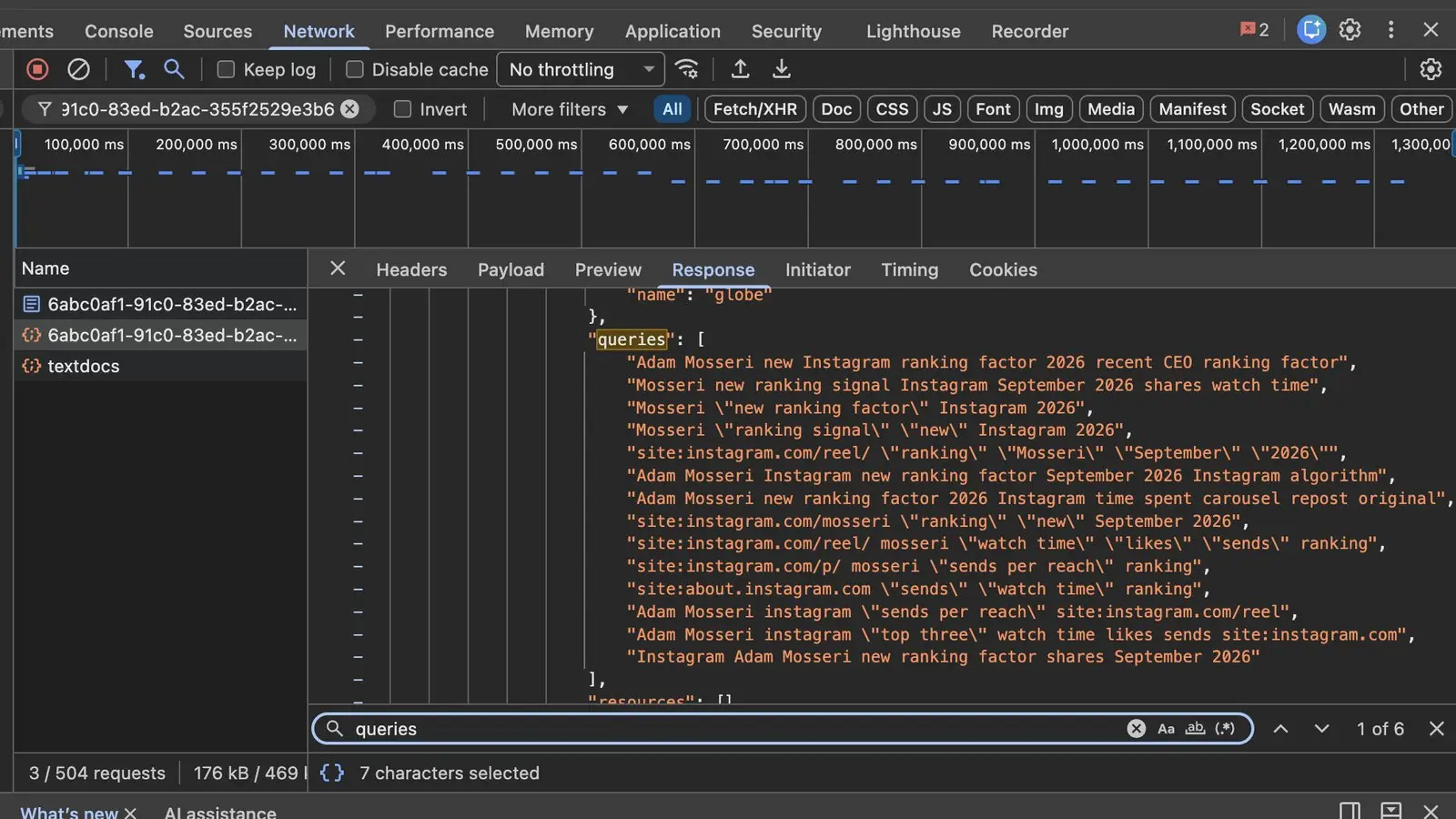 Narzędzia dla programistów w Chrome: karta Network z listą zapytań ChatGPT pod kluczem queries