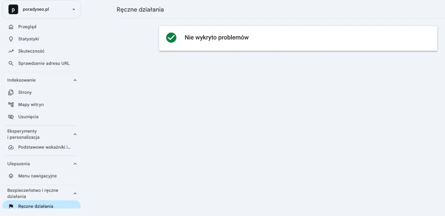 Raport Ręczne działania w Search Console z komunikatem Nie wykryto problemów