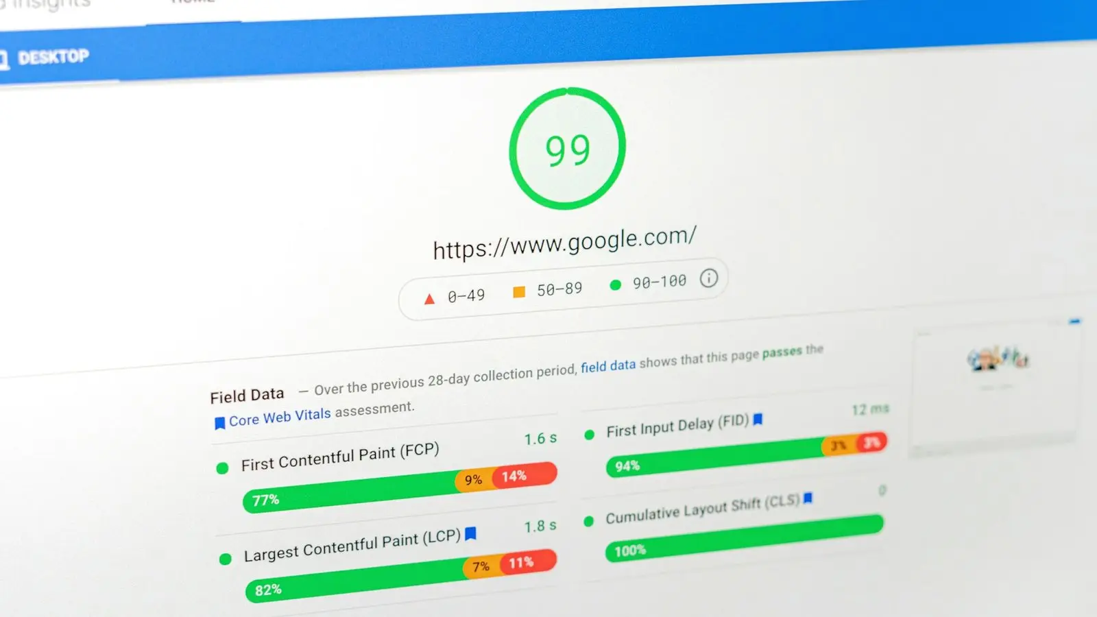 Wynik 99 w teście PageSpeed Insights na ekranie monitora